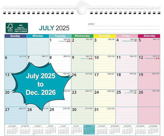BOCT Wall Calendar 2025-2026 - Includes July 2025 to December 2026-18 Monthly Daily Planner 13 x 9.6 Inches, Julian Dates for New Year Christmas Gifts-DeskLoop Office