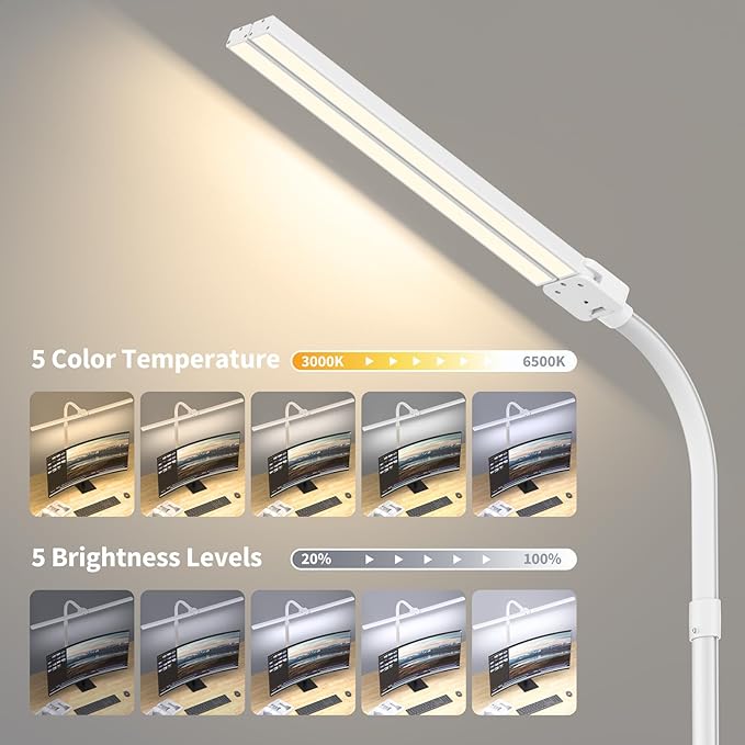 Desk Lamp Architect Task Dual Head Modern Flexible Gooseneck Tall Dimmable Light for Home Office, 5 Color Modes,Remote Control, 1500lm 24W Extra Bright Lighting-DeskLoop Office