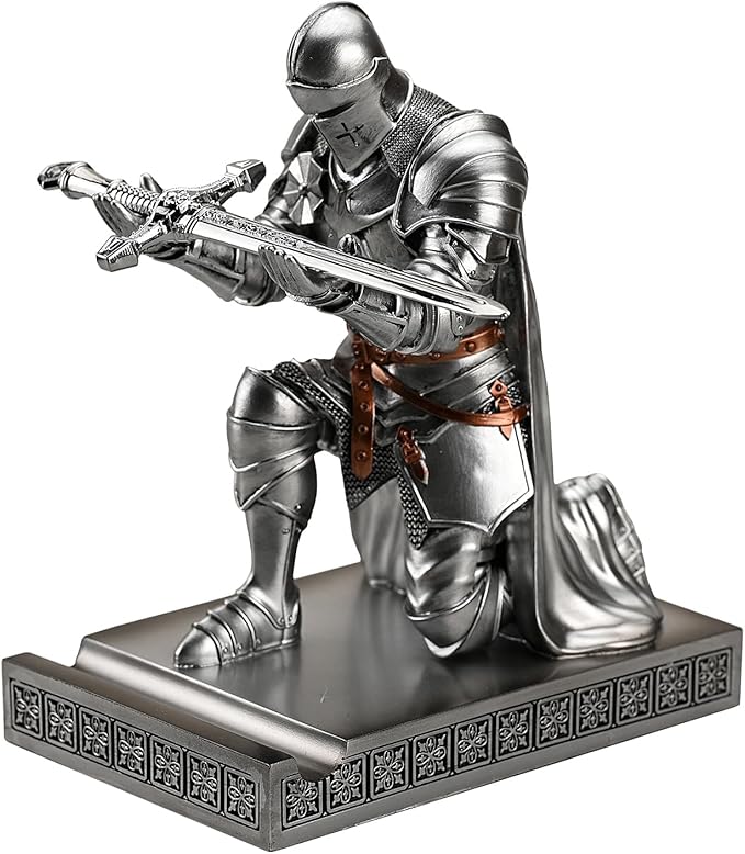 Medieval Armored Warrior Wearing Outerwear, Mobile Phone Stand Knight Pen Holder Desk Organizers, Resin Bookends Paperweight with a Letter Opener for Desk (Silver)-DeskLoop Office