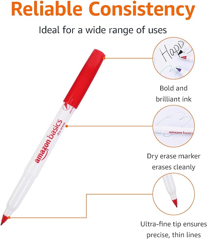 Amazon Basics Low Odor Ultra Fine Tip Dry Erase White Board Markers, Assorted Colors, 12-Pack-DeskLoop Office