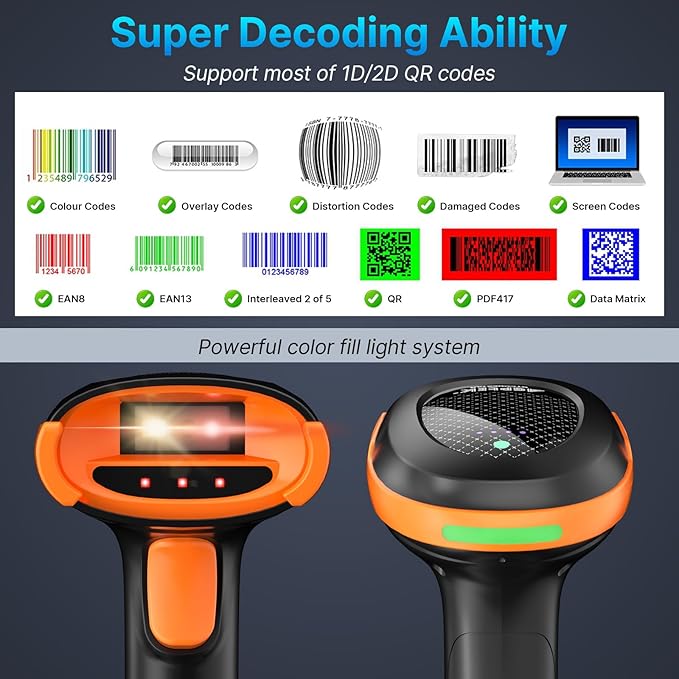 AGPTEK Bluetooth & 2.4GHz Wireless Barcode Scanner with Patented Color Light Technology for Color Barcodes, 2D/1D QR Code Reader, Customizable Settings & Wireless Charging Cradle-DeskLoop Office