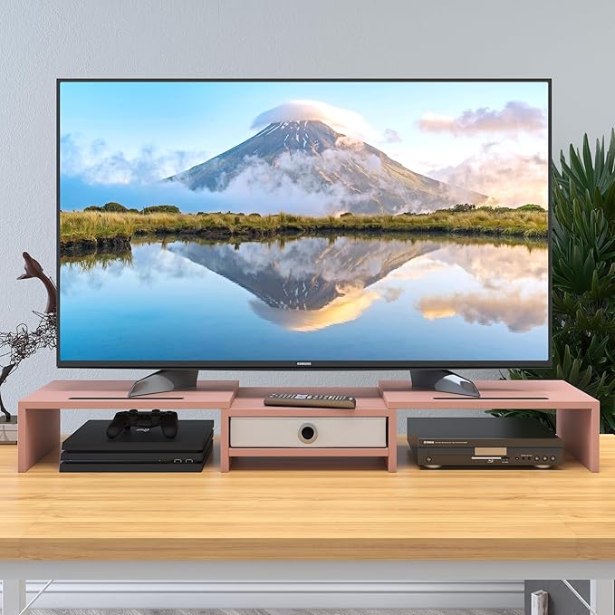 WESTREE Dual 3 Shelf Computer Riser with Drawer, Adjustable Length and Angle, Desktop 2 Monitor Stand Storage Organizer-DeskLoop Office