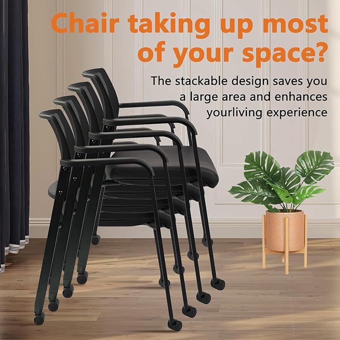 CLATINA Stacking Office Chair with Wheels, Mesh Back Waiting Room Guest Chairs with Arms Comfortable Leather Cushion Stackable Desk Chair for Conference Reception School Side Stationary, Black, 8 PK-DeskLoop Office