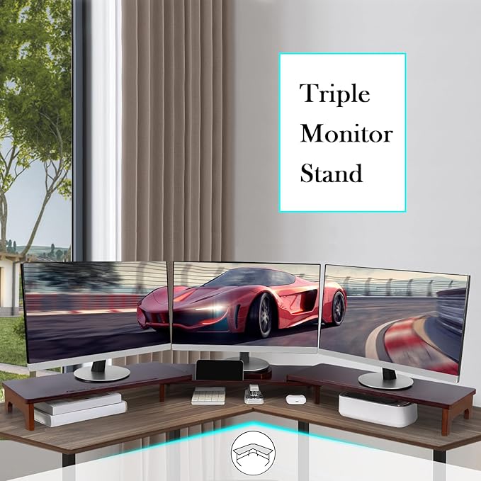 Nnewvante Large Dual Monitor Stand Riser, 60 inch Bamboo Monitor Stand with Adjustable Length and Angle, 3 Shelves Desktop Screen Riser for Computer Laptop PC, Walnut-DeskLoop Office