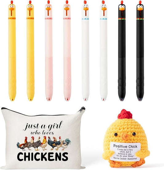 Funny Chicken Gift Accessories - 10Pcs Cute Knitted Chick Stress Relief Stationery Set Lovely Retractable Gel Pens Zipper Organizer Pen Pouch for Kids Birthday Party Gift Student Reward Supply-DeskLoop Office
