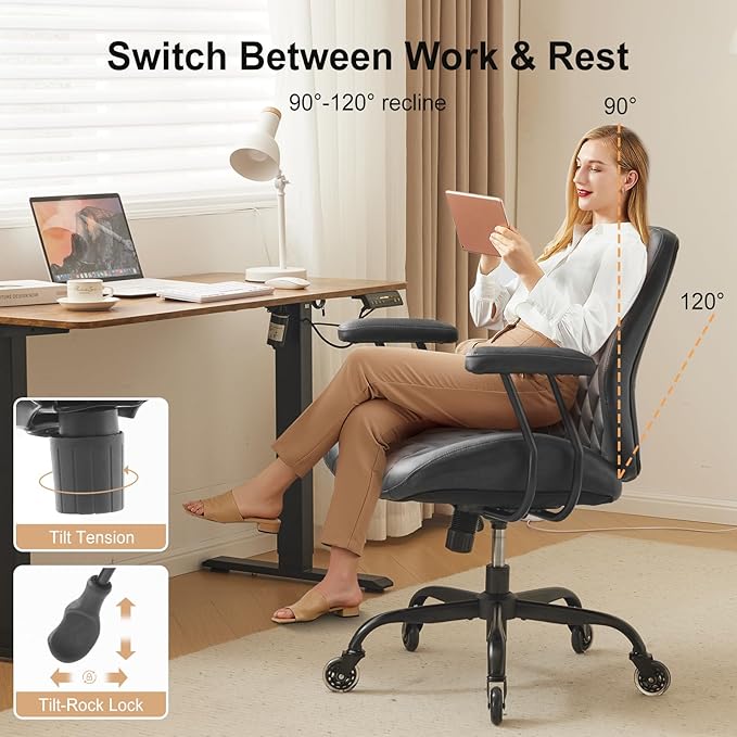 YFO Home Office Desk Chair Office Rubber Casters Ergonomic Computer Chair with Lumbar Support Adjustable Height Rolling Swivel Executive Task Armrests Chair, Black PU