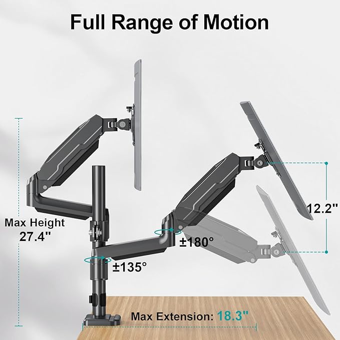 MOUNT PRO Dual Monitor Mount for 13-32" Computer Screen, Tall Monitor Stands for 2 Monitors, Adjustable Gas Spring Double Vertical Monitor Desk Mount, Each Arm Holds 4.4 to19.8lbs, VESA Mount, Black-DeskLoop Office