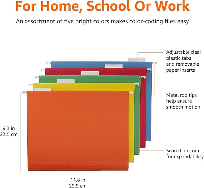 Amazon Basics Hanging Organizer File Folders for Efficient Filing, Assorted Colors, Letter Size (Pack of 25)-DeskLoop Office