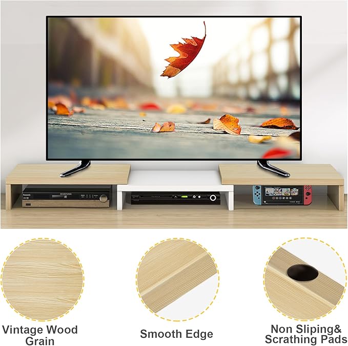 TAVR Dual Monitor Stand Riser, Computer Monitor Stands for 2 Monitors, Extra Long Multifunctional Desktop Organizer Riser for Computer, Laptop, PC, Printer, TV, Max 48.2" Length, Oak-DeskLoop Office