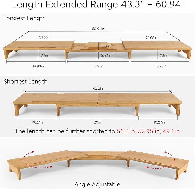 Nnewvante Monitor Stand Riser, 60 inch Large Bamboo Dual Monitor Stand for Desk, 3 Shelves Desktop Screen Riser with Adjustable Length Angle for Computer Laptop PC-DeskLoop Office