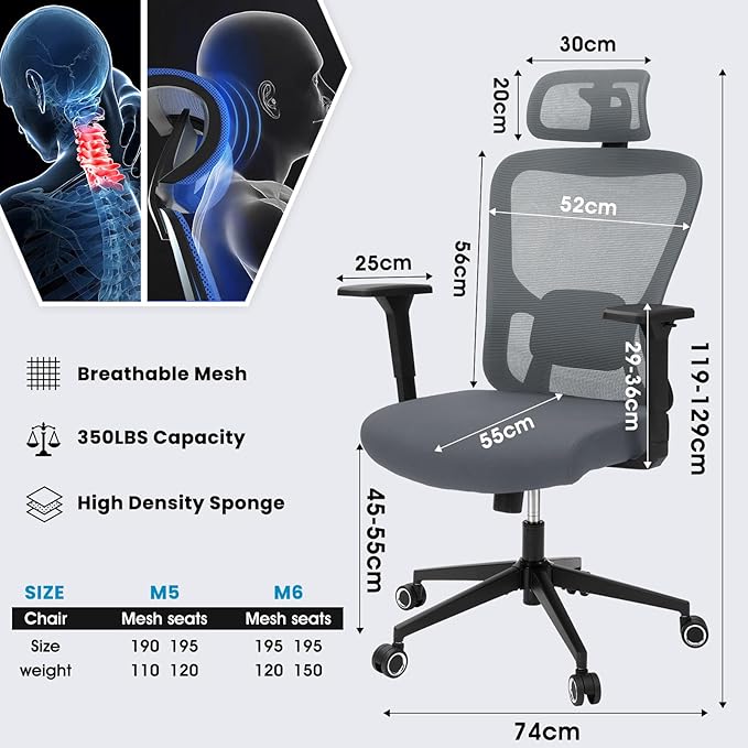 Ergonomic Desk Office Chair, High Back Home Computer Chair with Adjustable Swivel 3D Armrests for Comfort Lumbar Supports Up to 400lbs (Grey)-DeskLoop Office