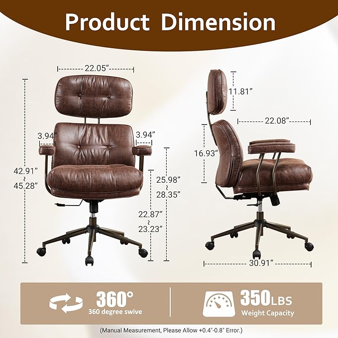 Faux Leather Executive Office Chair - Big and Tall Ergonomic Home Office Chair,Reclining Computer Desk Chair w/Lumbar Support,Adjustable Task Chair Swivel Rolling Chair with Wheels,Dark Brown,Suede-DeskLoop Office