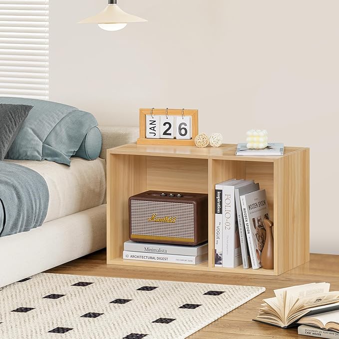 LEYAOYAO 2 Cube Bookshelf,Natural Record Player Stand Holds up to 100 Albums, Mini Wood Book Shelf Storage Organizer,Turntable Stand with Vinyl Storage Cabinet, Narrow Open Bookcase for Small Spaces-DeskLoop Office
