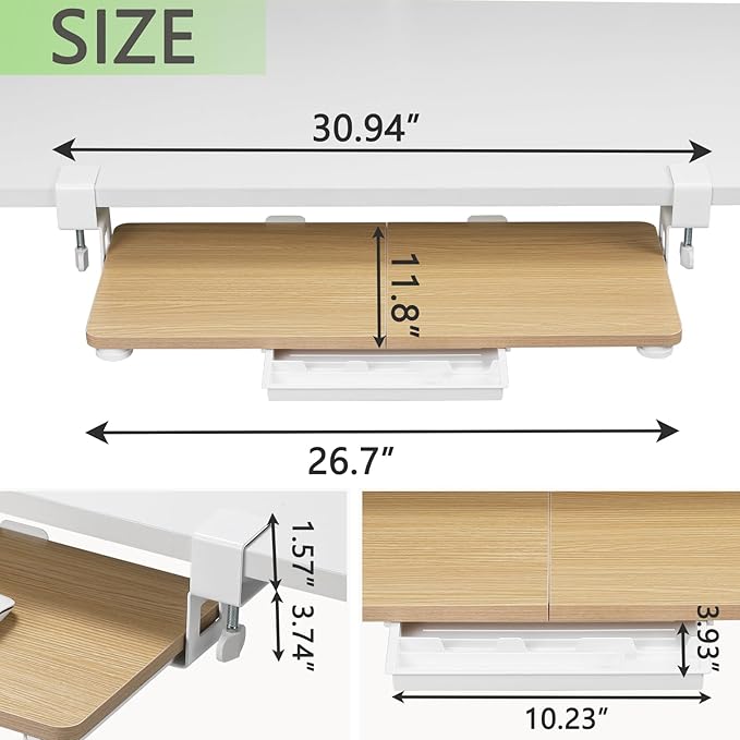 ETHU Keyboard Tray Under Desk, 26.77" X 11.81" Large Size Keyboard Tray with C Clamp-on Mount Easy to Install, Computer Keyboard Stand, Ergonomic Keyboard Tray for Home and Office (Oak)-DeskLoop Office