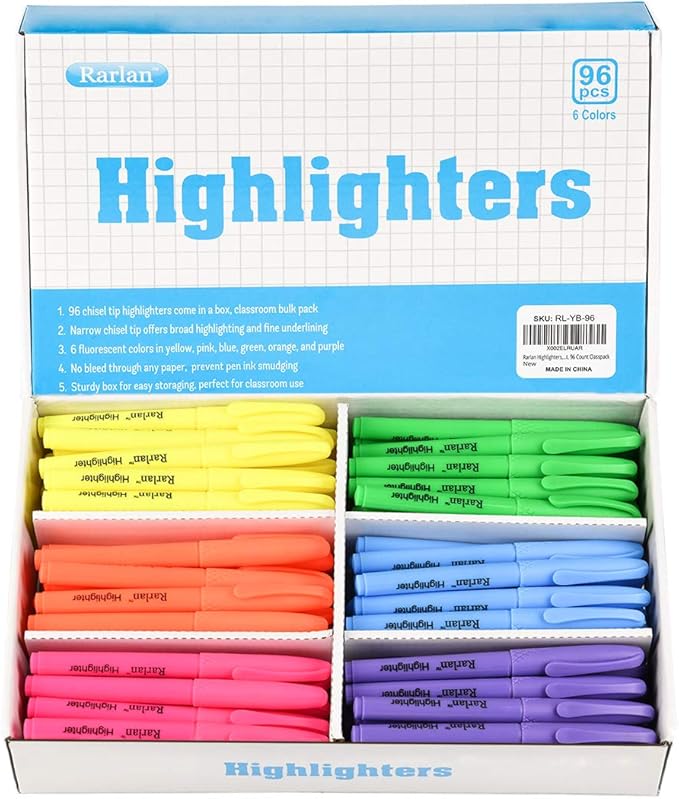 Highlighters, Chisel Tip, Assorted Fluorescent, 96 Count Bulk Pack-DeskLoop Office