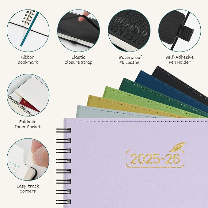 BEZEND Pocket Planner 2025-2026 Weekly with 2 Columns, 18-Month Academic Calendar (Jul 25-Dec 26), Life Work App., Storage Pocket, Pen Holder, PU Leather Softcover 3.5" x 6" Spiral - Lilac-DeskLoop Office