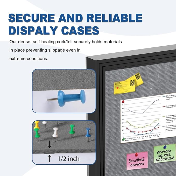 Lockable Outdoor Enclosed Bulletin Board,Weatherproof Cork Noticeboard with Locking Door, Wall-Mounted Aluminum Frame Display Case for Office, Home, School (Black Frame | Greyfelt Surface, 36x24 inch)-DeskLoop Office