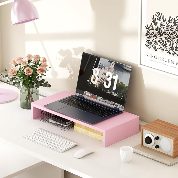 TEAMIX Pink Monitor Riser-20L inch, Wood Monitor Stand for Desk, Sturdy TV/Screen/PC/Printer/Laptop Riser,Computer Shelf with Storage TV Holder for Home Office (Pink, 20 inch)-DeskLoop Office