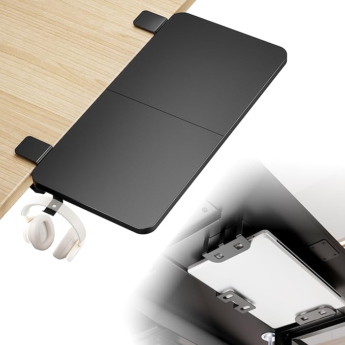Desk Extender Tray, 24" x 12" Clamp On Desk Shelf, Desk Extension with Laptop Holder, Table Desk Arm Rest, Clamp On Keyboard Tray for Office and Home, Workstation Organizer, Medium, Black-DeskLoop Office