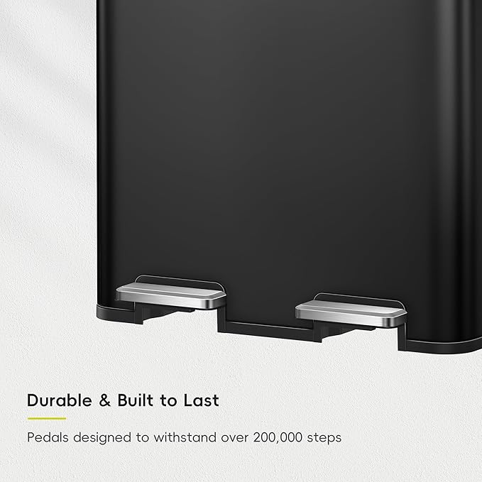 EKO Edison 8+8 Gallon Dual Trash Can for Recycling and Trash, Stainless Steel Kitchen Step Can with Dual Removable Inner Bucket, Independent Lids and Pedals, Black-DeskLoop Office