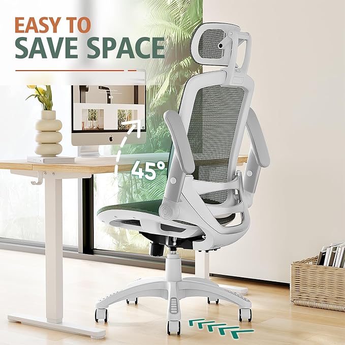 GABRYLLY Ergonomic Office Chair, High Back Home Desk Chair with Headrest, Flip-Up Arms, 90-120° Tilt Lock and Wide Cushion, 400LBS Mesh Chairs for Man Woman, White Task Chair(Olive Green,GY01WOG)-DeskLoop Office