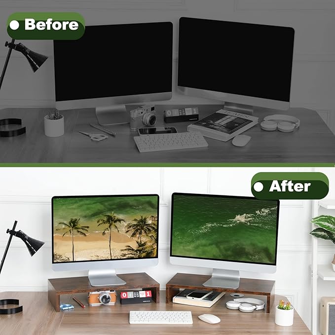 TEAMIX 2 Pack Monitor Stand Riser-20 inch, Wooden Tabletop Shelf for TV/PC/Laptop/Printer, Rustic Brown Monitor Riser with Storage, Computer Stand Ergonomic Design-DeskLoop Office