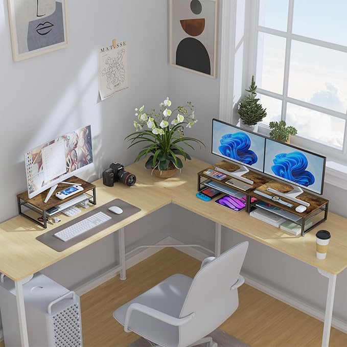 gianotter 2-Tier Metal Monitor Stand Riser, Desk Organizer for Monitor, Office Desk Storage Organizer for Office Supplies (Wood)-DeskLoop Office