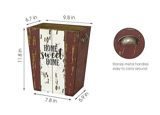 Small Wood Trash Can Wastebasket, Farmhouse Rectangular Garbage Can Waste Basket, Rustic Distressed Wooden Trash Recycling Bin with Metal Handles, Home Sweet Home Wood Storage Basket (Distressed)-DeskLoop Office