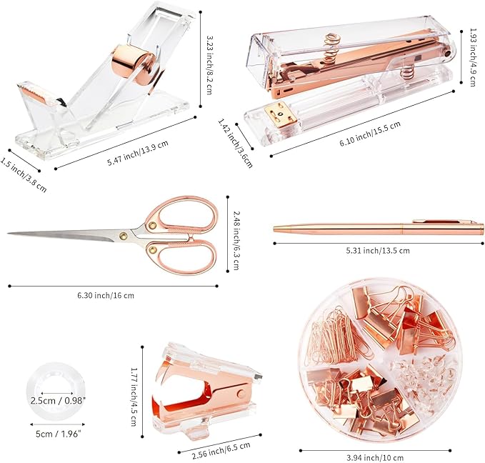 Rose Gold Desk Accessories, Office Supplies Set with Acrylic Stapler, Tape Dispenser, Staple Remover, Pen Holder, Scissor, Binder Paper Clips, 1 Ballpoint Pen, 1 Clear Tape and 1000pcs Staples-DeskLoop Office