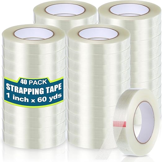 Treela 40 Rolls 1 Inch x 60 Yards Filament Strapping Tape 5.5 Mil Transparent Reinforced Fiberglass Heavy Duty Packing Shipping Tape for Sealing Binding Fixing-DeskLoop Office