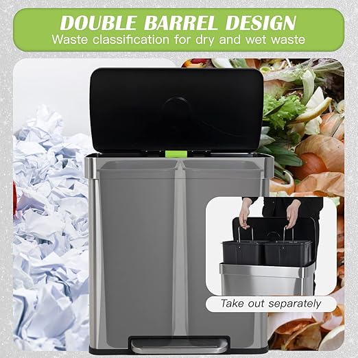 60 Liter Trash Can Soft-Close, Smude Resistant Trash Can with Foot Pedal-Brushed Stainless Steel and Two Independent Drums Waste Bin for Home, Kitchen, Office, Bathroom-DeskLoop Office