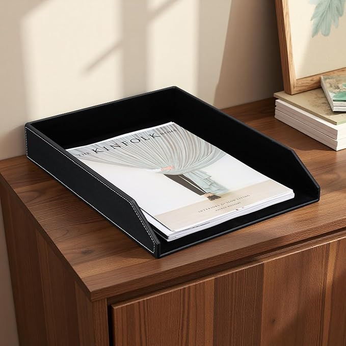 KINGFOM Letter Tray, PU Leather Paper Organizer Tray for Desk, Paper Organizer Storage Holder for Office Home or School A4 Size Black-DeskLoop Office