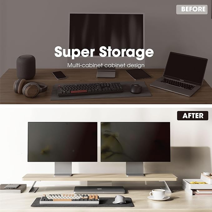 Fenge Dual Monitor Stand Riser, 42.5 Inch Desk Top Shelf for 2 Monitors, Computer Stands for Desk, Wood & Steel Desktop Riser for Laptop, PC, Printer-DeskLoop Office