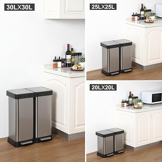 16 Gallon Dual Compartment Trash Can, 2 x 30L Fingerprint Resistant Stainless Steel Kitchen Garbage Can with 2 Soft-Close Lid & Foot Pedal for Kitchen Office Bathroom, Without Inner Bucket-DeskLoop Office