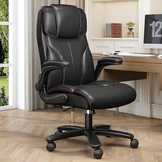 Office Chair Big and Tall 400lbs, High Back Executive Office Chair Flip Up Arms, Breathable Leather Home Office Computer Desk Chair with Lumbar Support Rocking Function, Black-DeskLoop Office