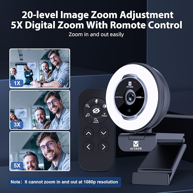 Zoomable Webcam with Remote Control, 1080P 60FPS Streaming with Ring Light and Microphone, Pro USB Webcam with 5X Digital Zoom and Privacy Cover for Zoom/Skype/Teams/PC/Laptop/Mac-DeskLoop Office