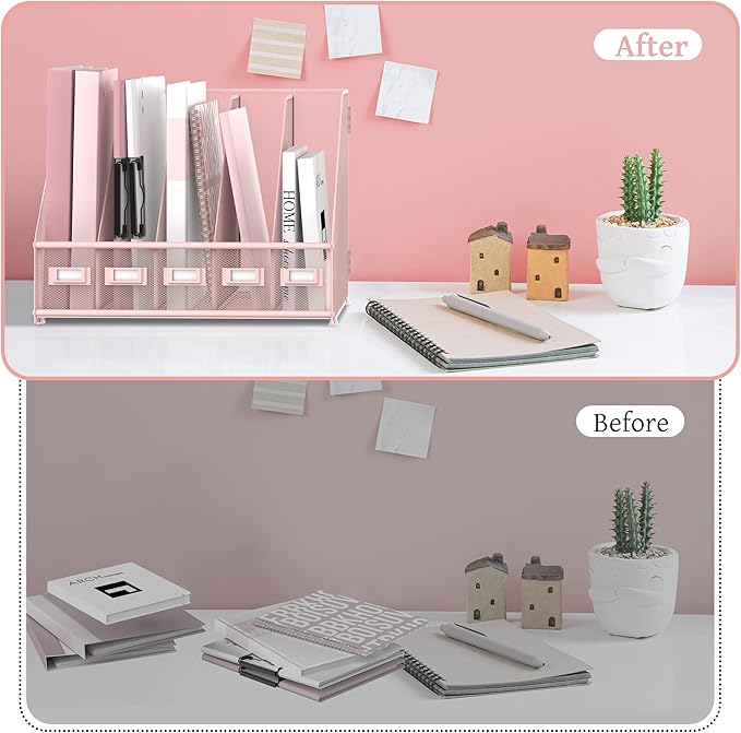SUPEASY Desk Organizers Metal Desk Magazine File Holder with 5 Vertical Compartments Rack File Organizer for Office Desktop, Home Workspace, Pink-DeskLoop Office