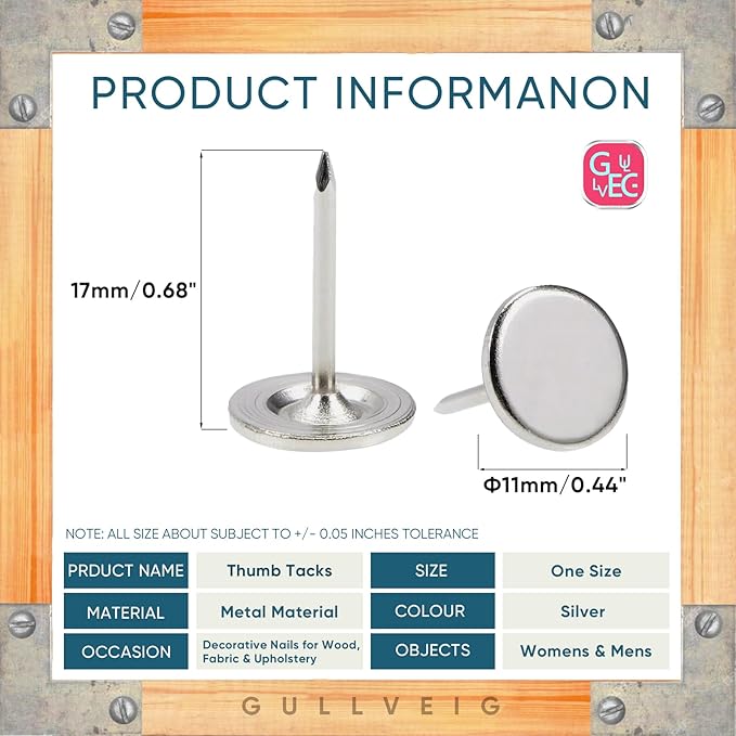 Gullveig Silver Push Pins and Thumb Tacks: Heavy Duty Flat Upholstery, Long Carpet Tacks, and Decorative Nails for Wood and Fabric, 50 Count-DeskLoop Office