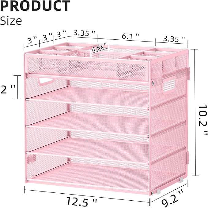Marbrasse 5-Tier Letter Tray Paper Organizer with Handle, Multi-Functional Mesh File Organizer for Desk, Adjustable Compartments Mesh Desktop Storage for Office Supplies, Pink-DeskLoop Office