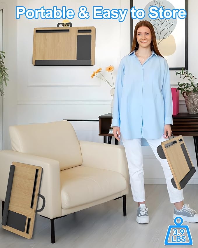 Laptop Lap Desk, Portable Large Laptop Desk for Bed, Up to 17 in Lap Table with Wrist Rest, Mouse Pad, Tablet Phone Slot, Portable Handle, Cushion (Light Brown)-DeskLoop Office