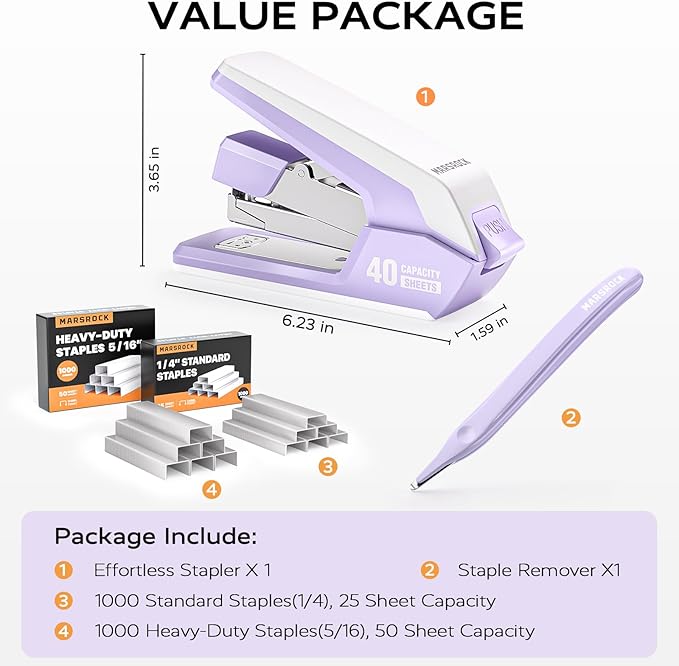 Effortless Stapler for Desk with 40-50 Sheet Capacity, 2000 Staples, 1-Touch Stapling, Ergonomic & Easy to Load Desktop Staplers, Heavy Duty Stapler, and Magnetic Staple Remover, Purple-DeskLoop Office