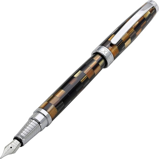 Xezo Urbanite Fountain Pen, Fine Nib. Woody Brown, Tan, Silver, and Black Acrylic on Brass. Chrome Plated. Limited Edition and Serialized-DeskLoop Office