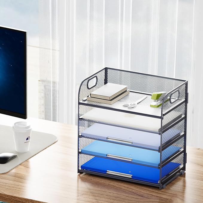 Marbrasse Paper Organizer Letter Tray, 5 Tier Mesh File Organizer with Handle, Paper Sorter Desk Organizer for Home Office Supplies - Grey-DeskLoop Office