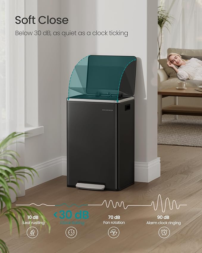 SONGMICS Trash Can, 13-Gallon Gabbage Can, with 15 Trash Bags, Steel, with Soft-Close Lid, Removable Inner Bucket, Handles, Ink Black ULTB595B01V1-DeskLoop Office