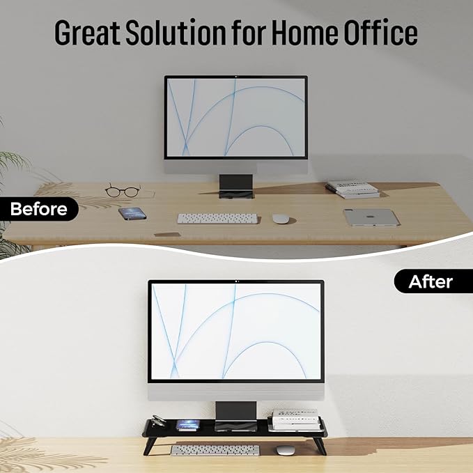 loukin Monitor Stand Riser for Desk, 22.4" x 8.3" Larger Computer Stand for Laptop, PC, Printer, Sturdy Desktop Computer Shelf with Non-Skid Rubber, Home Office (Black)-DeskLoop Office