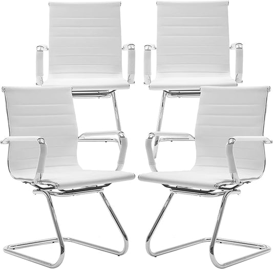 White Office Desk Chair No Wheels Set of 4 PU Leather Computer Chairs Mid Back Guest Chairs for School Reception Conference Waiting Room, White-DeskLoop Office