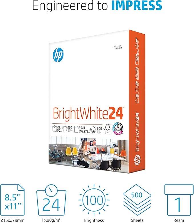 HP Papers | 8.5 x 11 Paper | BrightWhite 24 lb |1 Ream - 500 Sheets| 100 Bright | Made in USA - FSC Certified | 203000R-DeskLoop Office