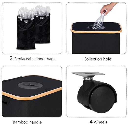 Recycling Bin for Kitchen, Indoor Home Recycle Bins with Wheel, 29 Gallons Large Recycling bin with 2 Removeable Reusable Inner Bags, for Bottles Cans Glass Plastice Cartons(Black)-DeskLoop Office