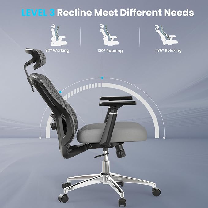 Farini Office Chair Ergonomic Desk Chair, High Back Computer Chair with Wheels, Home Sutdy Chair for Heavy People, Office Chair Adjustable Seat Depth, 3D Armrests and Adjustable Headrest, Gray-DeskLoop Office
