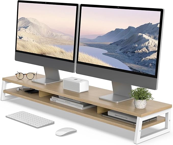 Fenge Dual Monitor Stand for Desk, 42.5in Large Monitor Riser for 2 Monitors, 2 Tier Computer Office Desk Top Shelf, Desktop Storage Stand for Laptop, PC, Computer, Printer-DeskLoop Office